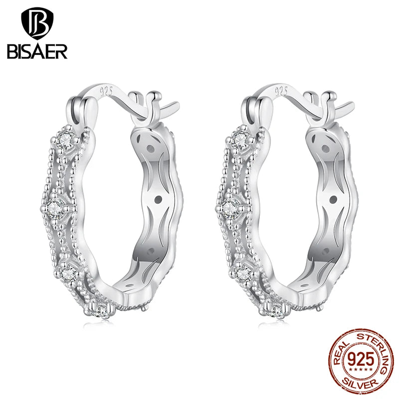 BISAER Boucles d'oreilles créoles scintillantes en argent sterling 925 véritable avec cercle rond et zircone cubique pour femme, bijoux fins de fête