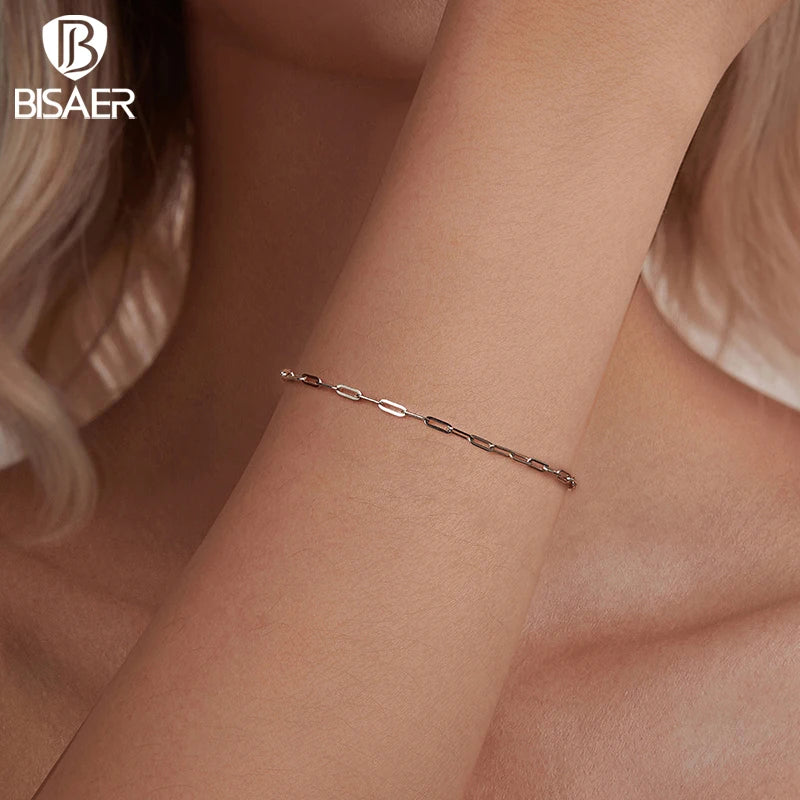 BISAER Bracelet carré simple en argent sterling 925 avec chaîne réglable plaquée or blanc pour femme, bijoux fins de fête, cadeau ECB286