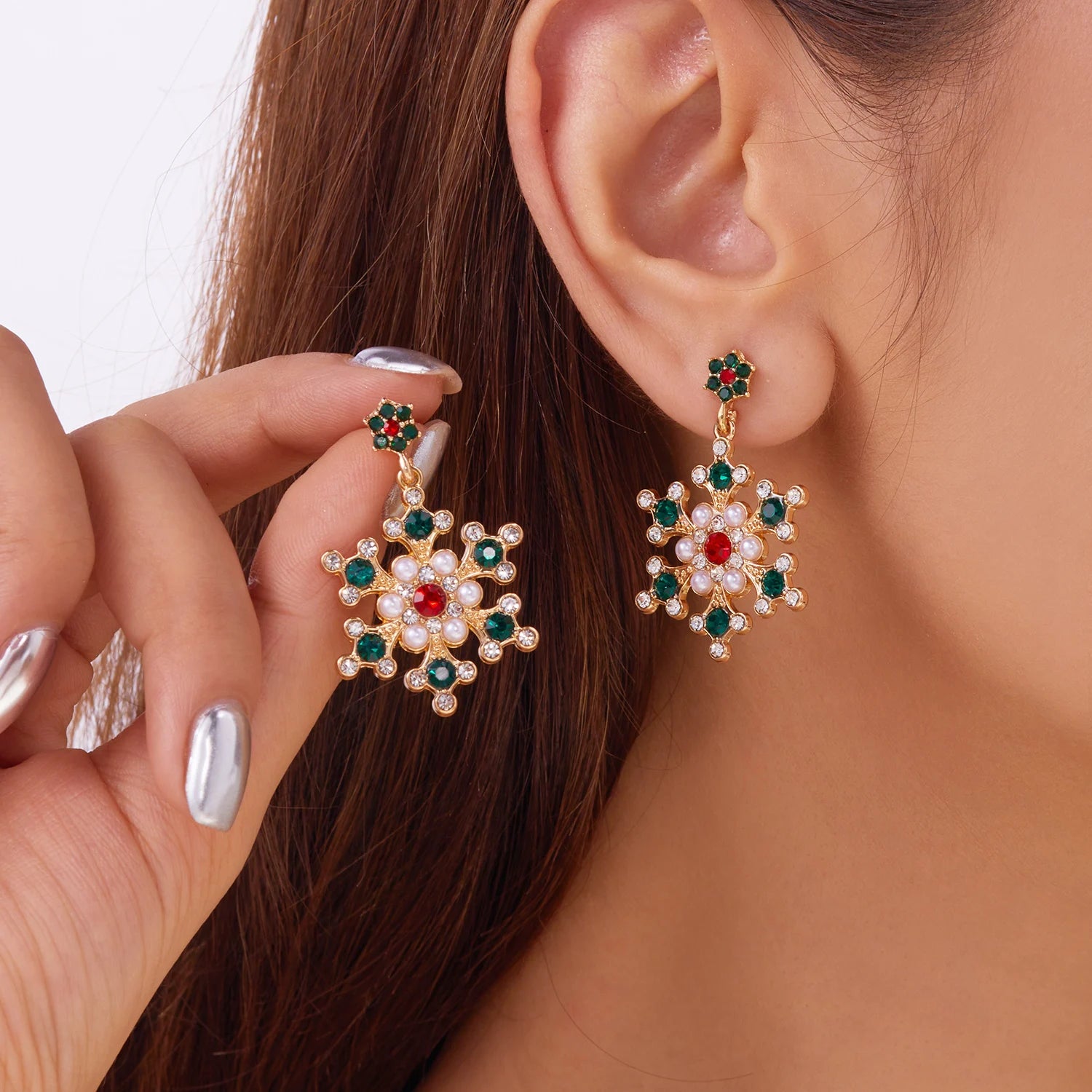 Christmas Rhinestone Snowflake Stud Earrings For Women Colorful Crystal Zircon Pearl Piercing Earring New Year Party Jewelry