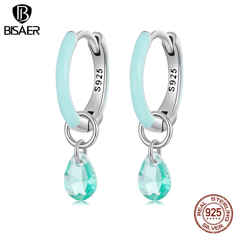 BISAER 925 Sterling Silver Summer Droplet Hoop Earrings Green Water Drop Ear Hooks for Women & Girls Party Fine Jewelry ECE1875