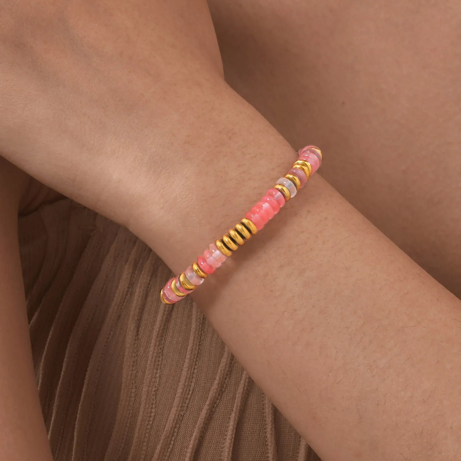 Vnox Multicolor Natural Stone Women's Bracelet Stainless Steel Gold Plated Flat Bead Chain Bracelet Female Jewelry Accessories