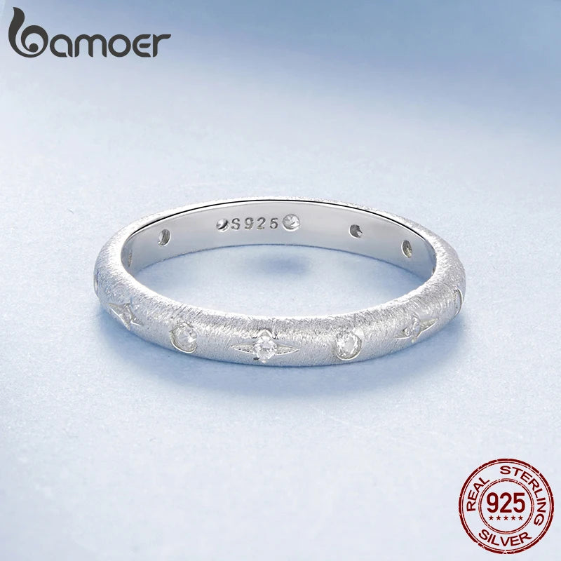 BAMOER Solid 925 Sterling Silver Starry Ring High Polish Comfort Fit Wedding Star Band Gifts for Special Occasions Fine Jewel