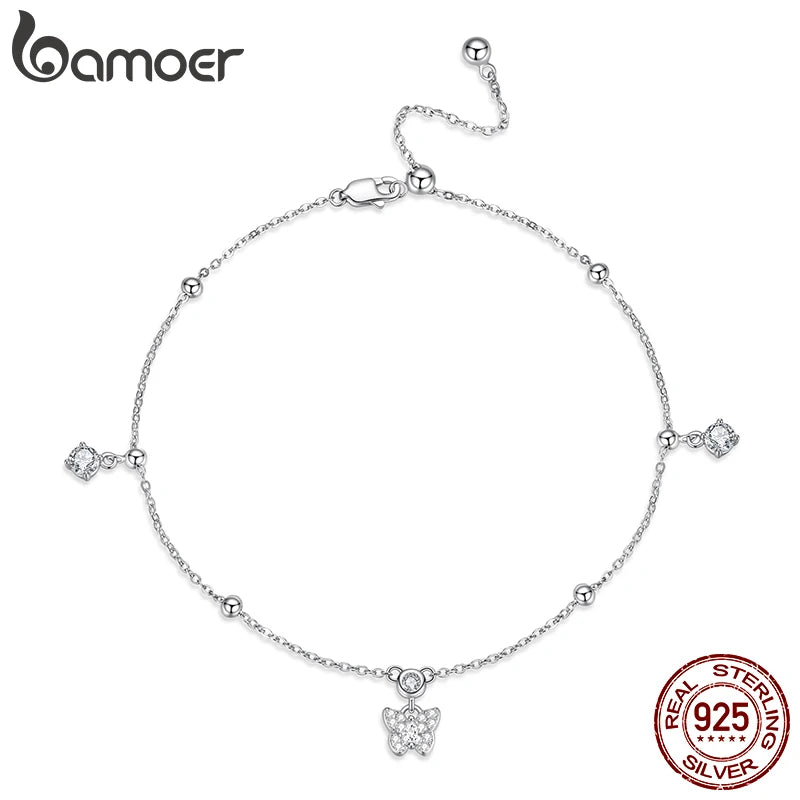 BAMOER 925 Sterling Silver Full Zircons Butterfly Anklet Link Leg Chain with Beads for Women Girls Lightweight Foot Jewelry