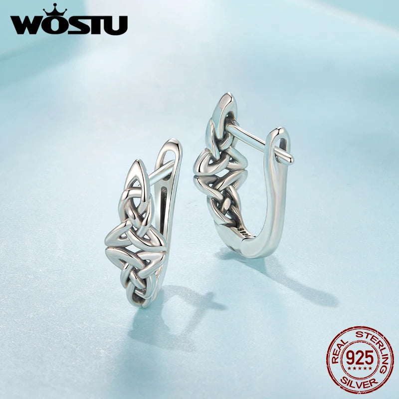 WOSTU 925 Sterling Silver Celtic Knot Huggies Hoop earrings For Women , s925 Retro style Party Ear Cuffs Fine jewelry Gift
