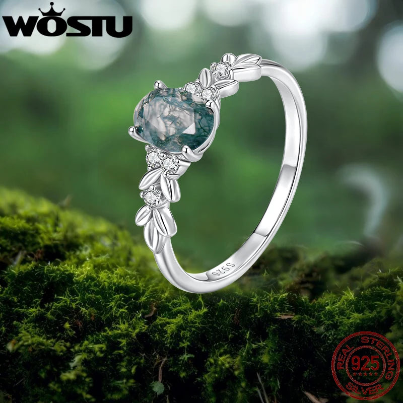 WOSTU Natural Moss Agate Ring For Women 925 Sterling Silver Oval Cut Sea Grass Agate Flower Rings Wedding Party Jewelry Gift
