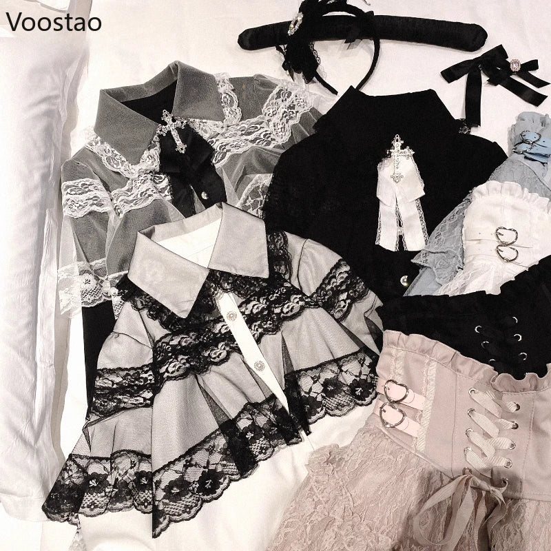 Gothic Y2k Lolita Style Shirts Women Kawaii Lace Ruffles Long Sleeves Blouse Female Japanese Victorian Vintage Clothes Cute Tops