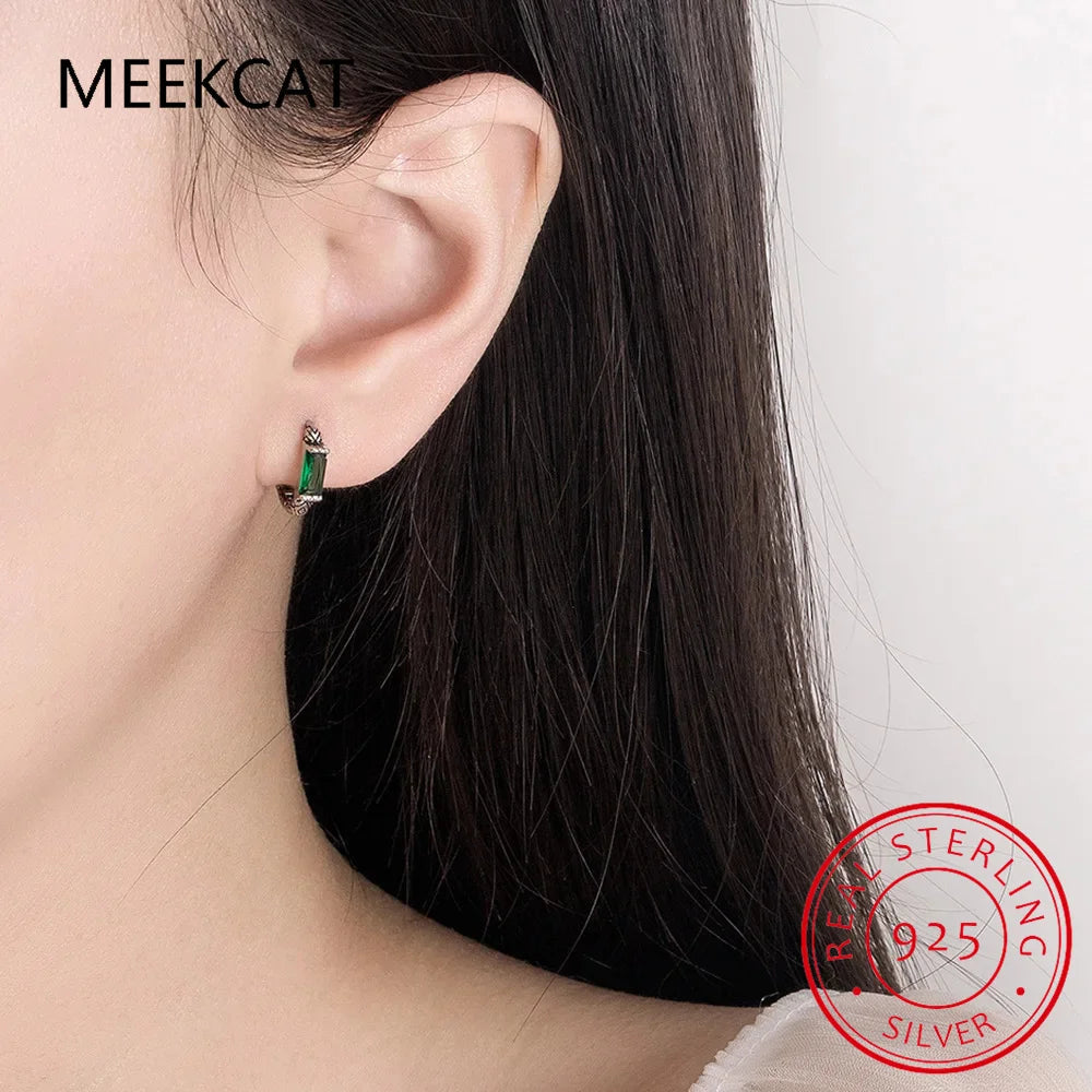 Green Simulated Nano Emerald 925 Sterling Silver Vintage Textured Hoop Earring for Women Wedding Party Jewelry Gift Pendientes