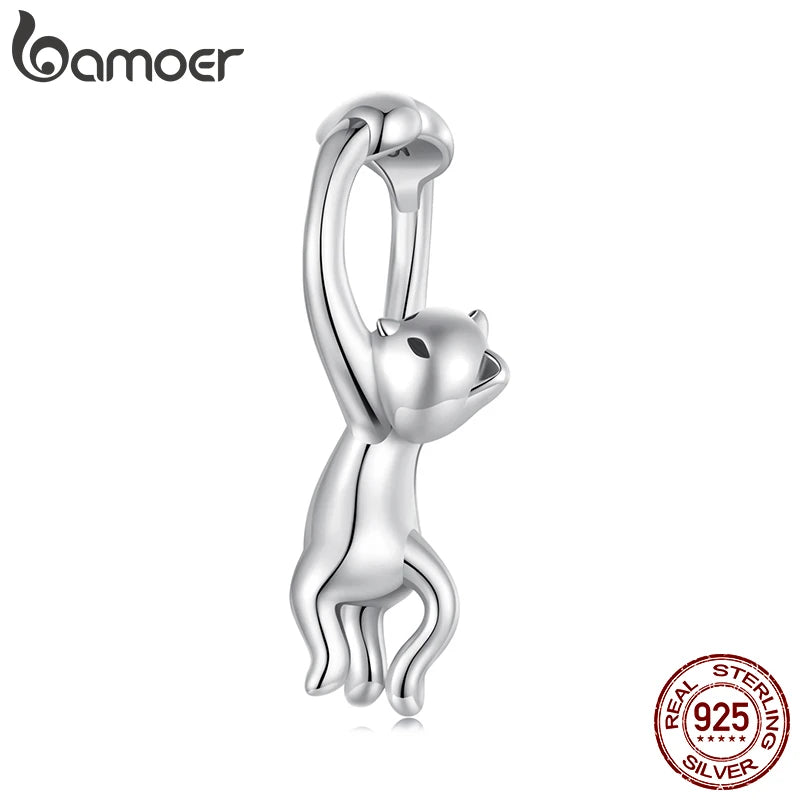 BAMOER Solid 925 Sterling Silver Cute Cat Charm fit Original Bracelet DIY Jewelry Accessories bamoer Animal Beads SCC3021