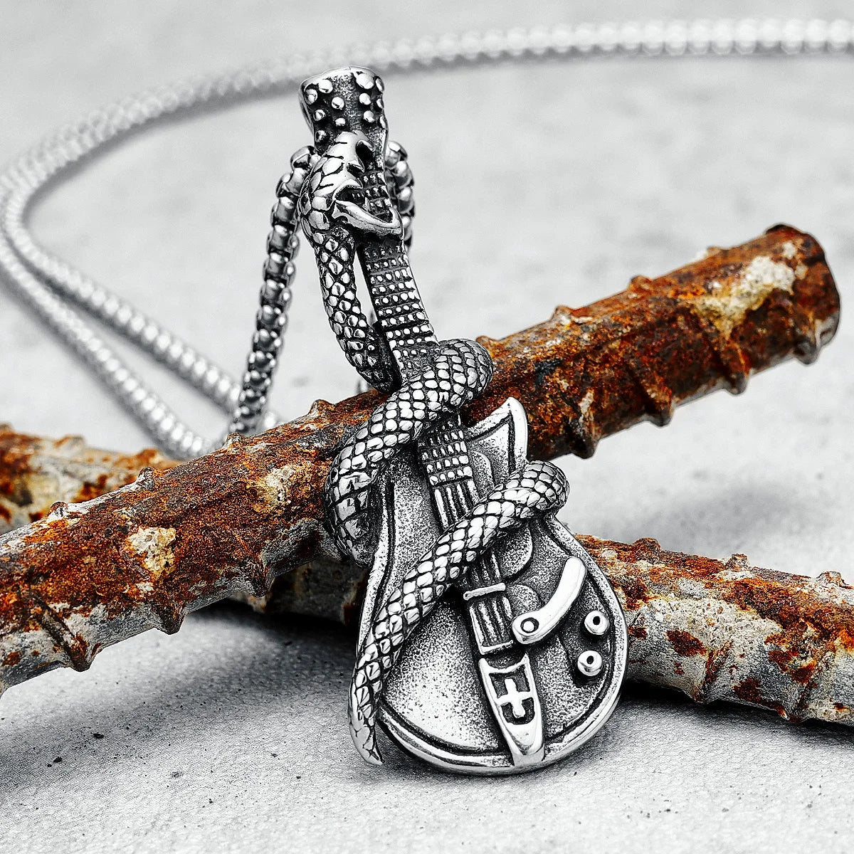 Snake Guitar Necklace Stainless Steel Heavy Metal Band Pendant Punk Rock Men Chain Hip Hop for Boyfriend Jewelry Gift Wholesale