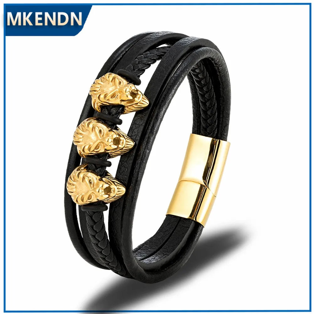 MKENDN Fashion Stainless Steel Charm Magnetic Black Genuine Leather Braided Bracelet 18k Plated Leo Lion Cuff Wristband Jewelry