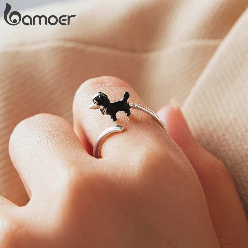 Bamoer 925 Sterling Silver Border Collie Open Ring Adjusable Black Enamel Dog Ring for Women Teens Pet Lover Cute Jewelry Gift