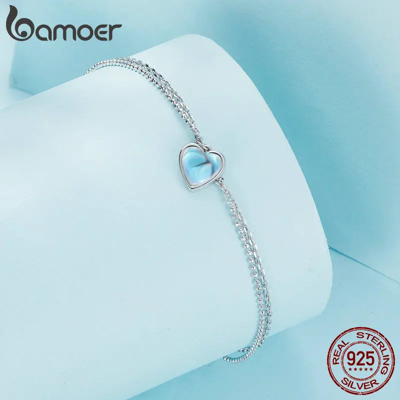 BAMOER 925 Sterling Silver Heart-Shaped Double-Layer Anklet Simple Chain Foot Jewelry for Women White Gold Plated Summer Jewelry