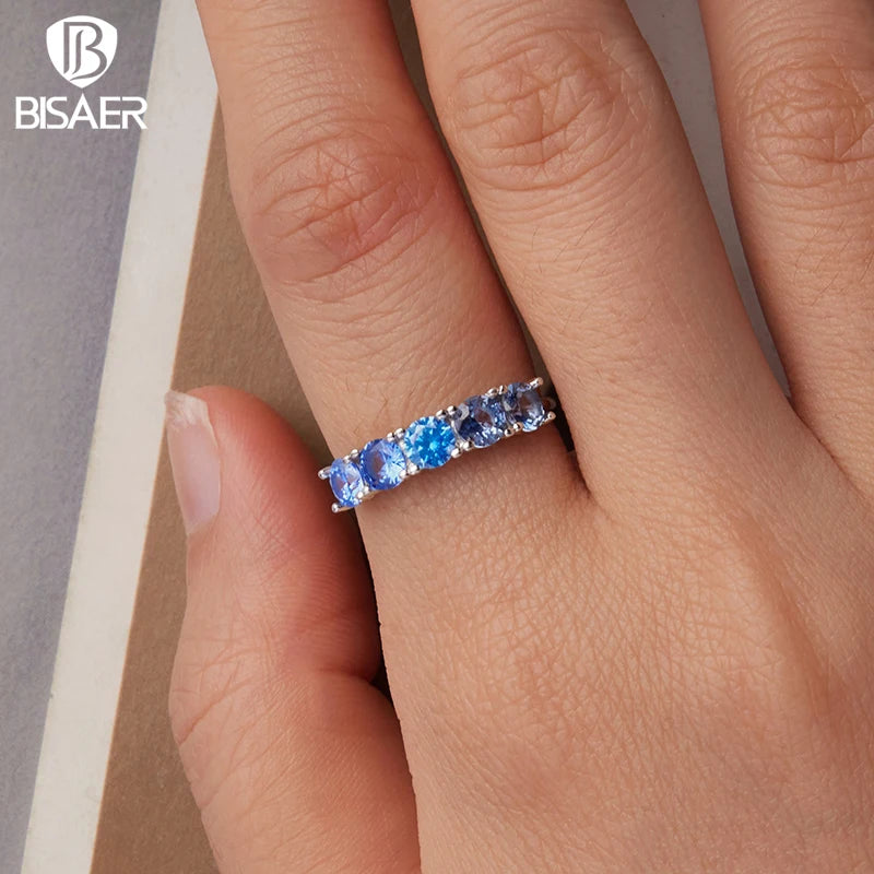 BISAER 925 Sterling Silver Sea Blue Ring Stackable Eternity Band Plated White Gold for Women Wedding Fine Jewelry EFR706