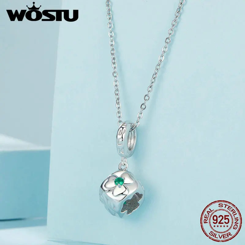 WOSTU Real 925 Sterling Silver Four-leaf Clover Dice Pendant DIY Necklace Chain With Zircon For Women Original Fine Jewelry Gift