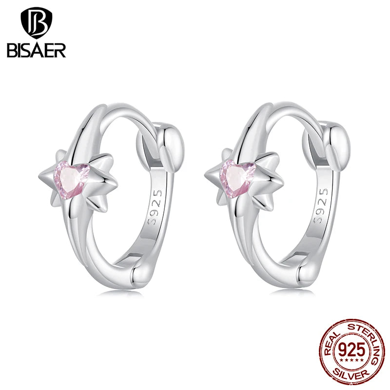 Boucles d'oreilles créoles hexagonales en argent sterling 925 véritable BISAER plaquées or blanc pour femmes, fête de mariage, bijoux originaux, cadeau EFE1112