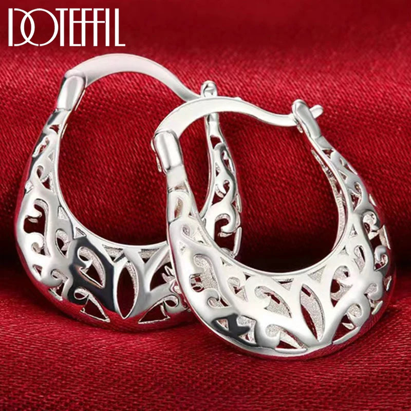 DOTEFFIL 925 Sterling Silver Hollow Flower Hoop Earring Woman Party Gift Fashion Charm Wedding Engagement Jewelry