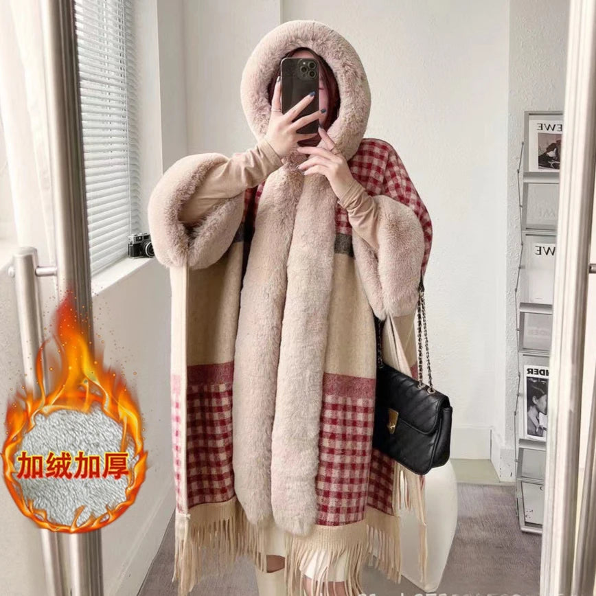 Faux Rabbit Fur Capes Coats Women Plaid Poncho Jackets Tassel Hooded Batwing Sleeves Open Stitch Loose Casual 2025 Autumn Winter