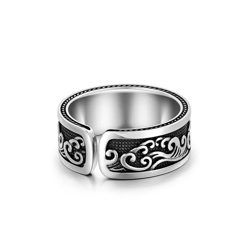Vintage Relief Wave Ring Male Jewelry Opening Size New Arrival Men Ring Wide 8MM Finger Accessories Gift For Boyfriend