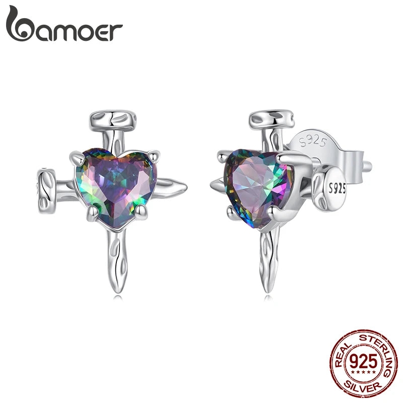 BAMOER 925 Sterling Silber Retro Kreuz Ohrstecker Transparente Glasherz Ohrringe Schraubenform Punk Mädchen Frauen Geburtstagsgeschenk