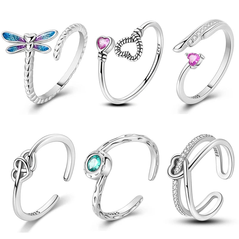 Rings For Women 100% 925 Sterling Silver Shiny Dragonfly Heart Shaped Hollow Open Rings Fine Wedding Engagement Jewelry Gift