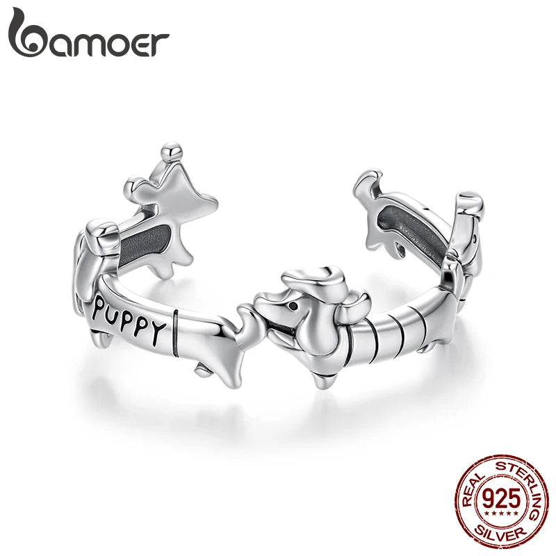 BAMOER Solid 925 Sterling Silver Dachshund Open Ring for Women, Cute Pet Dog Stacking Band Ring Chic Jewelry Gift for Pet Lover