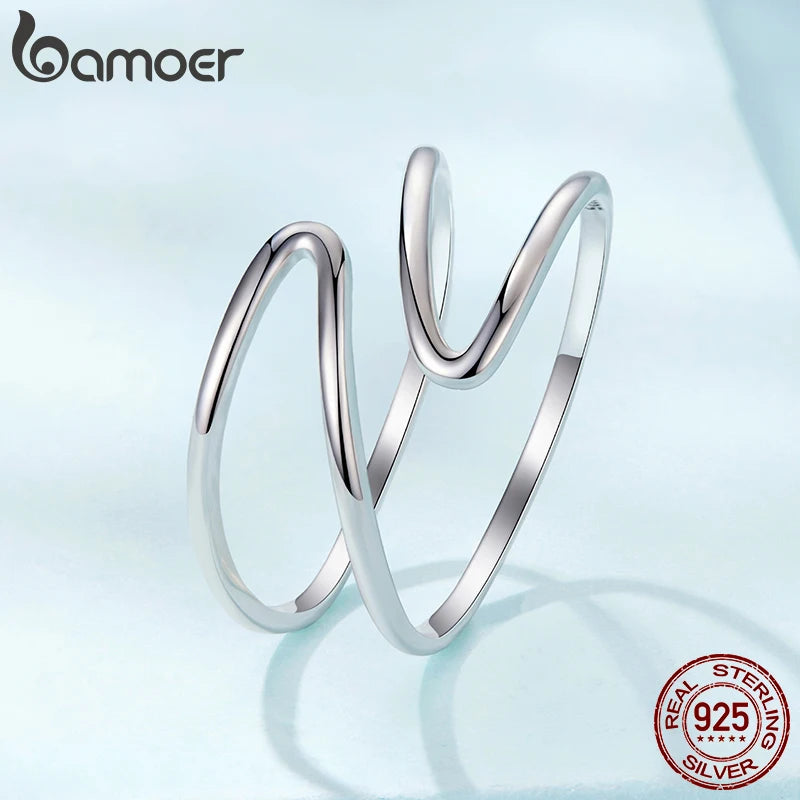BAMOER 925 Sterling Silber Zweilagiger Kreuzring Offene Linie Geschwungener Ring Schlichter Ring für Damen Teenager Minimalistisches Alltagsgeschenk Feiner Schmuck