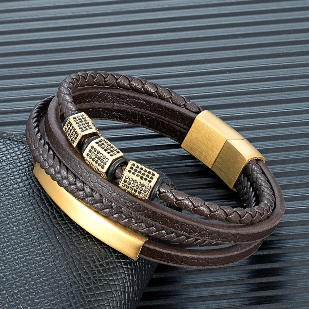 MKENDN Luxury Cubic Zircon Leather Braided Stainless Steel Magnetic Buckle Bracelet for Man Woman Daily Wear Jewelry Gift