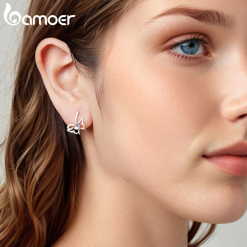 BAMOER Moonlight Butterfly Stud Earrings Moonstone Hollowed Insect Earrings 925 Sterling Silver For Women Minimalist Jewelry
