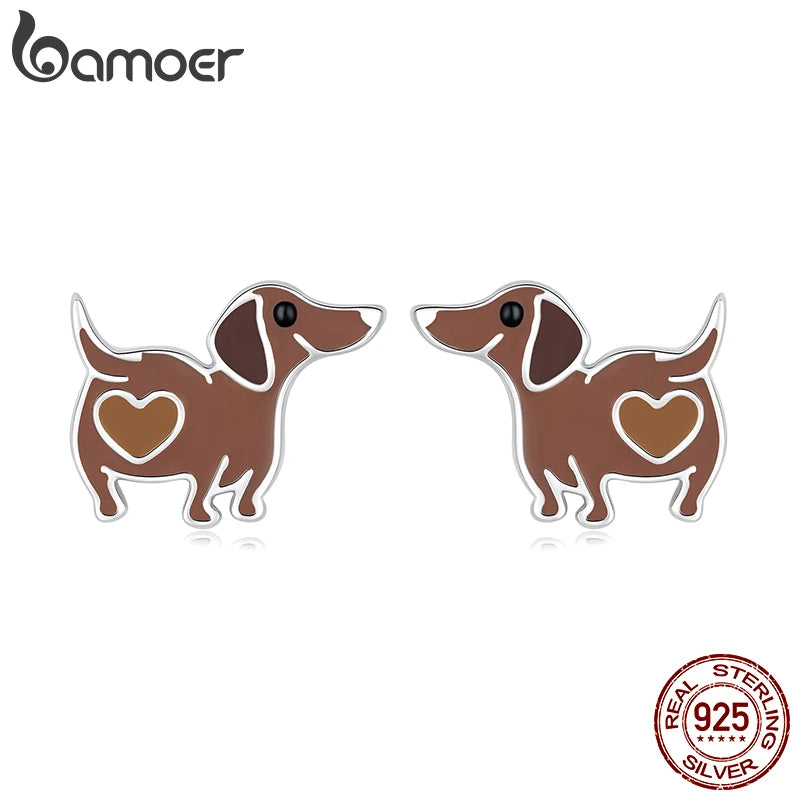 BAMOER 925 Sterling Silver Dachshund Stud Earrings Enamel Grey Heart Cute Dog Pierced Earring for Women Teens Girl Birthday Gift