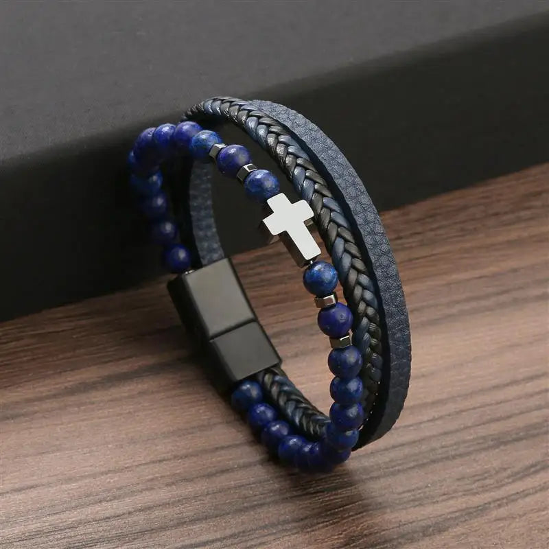 Fashion Cross Charm Mutilayer Leather Bracelet with Stainless Steel Clasp Men Punk Beaded Leather Bracelet For Men Jewelry Gift