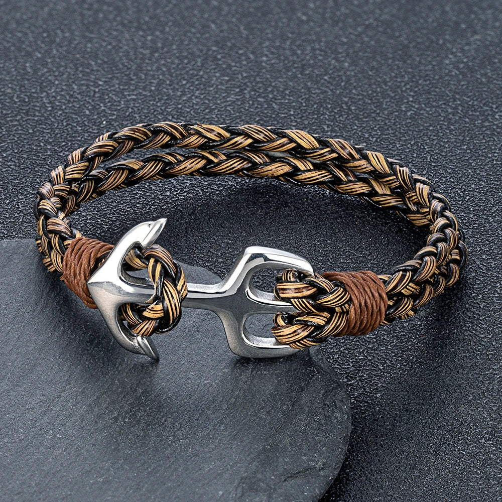 MKENDN Men's Punk Stainless Steel Anchor Bracelet with Braided Leather Black Fashion Jewelry Gift
