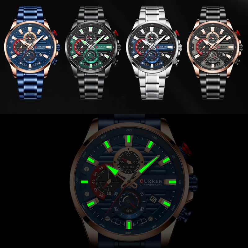 CURREN Sports Casual Quartz Wristwatches with Chronograph Fashion Stainless Steel Men's Watch Auto Date Clock Male