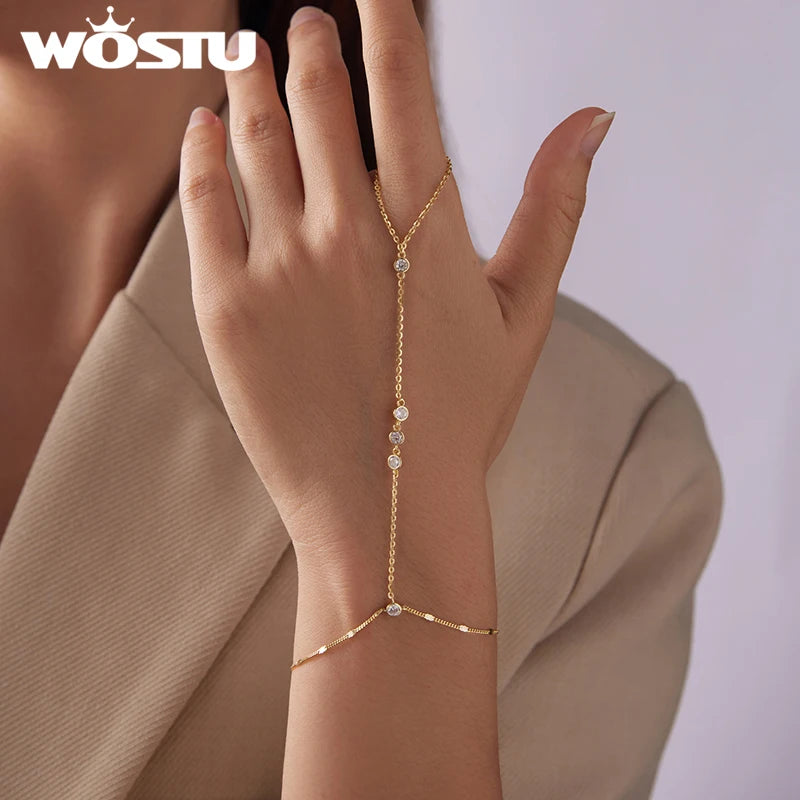 WOSTU 925 Sterling Silver 18K Gold Link Chain Ring Bracelets For Women, Shiny AAA Zircon finger wristband Cuff Bracelet Jewelry