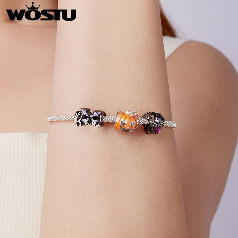 WOSTU 925 Sterling Silver Halloween Charm Skull/Pumpkin/Magic/Ghost Pendant Original Fit for Women Bracelet DIY Fine Jewelry