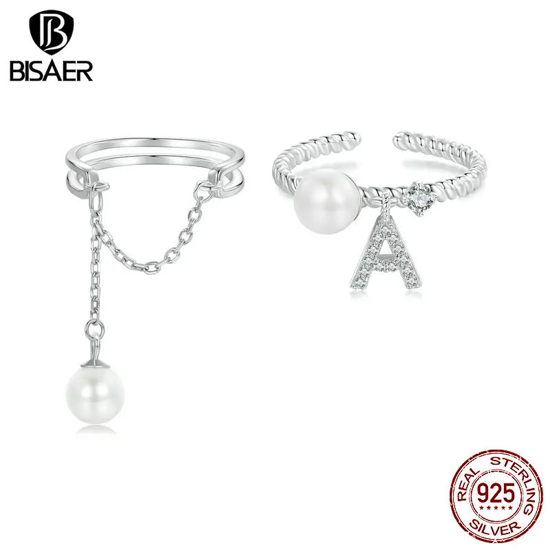 BISAER Bague ouverte en argent sterling 925 avec pompon en perles et lettre A réglable plaqué or blanc pour femme