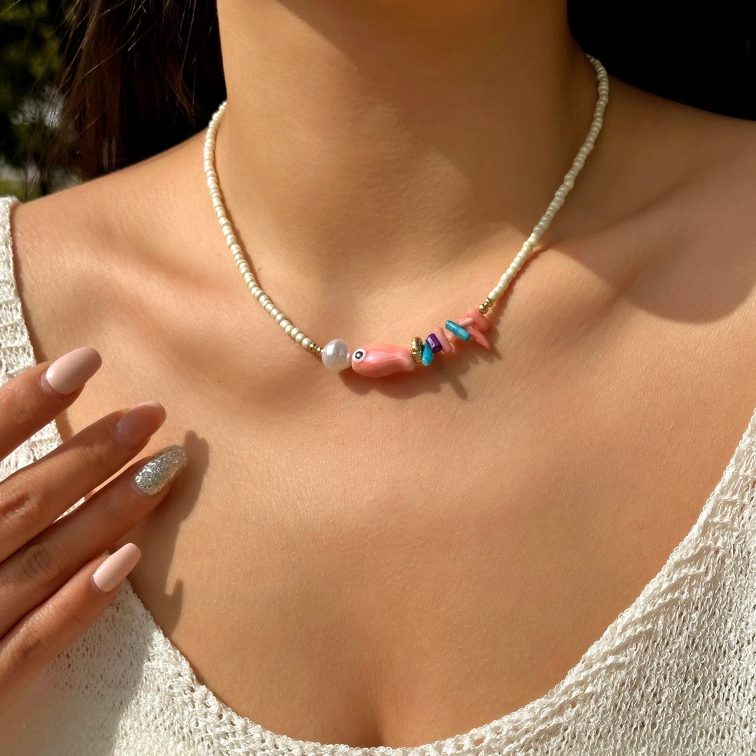 Simple Colorful Ceramic Fish Irregular Stone Beaded Necklace For Women Conch Starfish Shell Pendant Rice Beads Choker Jewelry