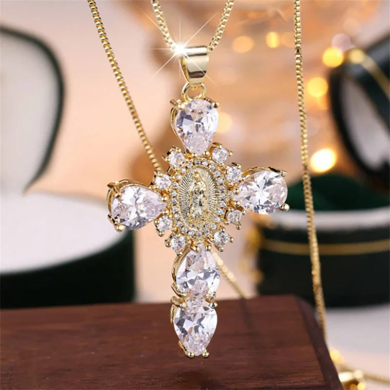Luxury Crystal Pink Zircon Pendant Necklace For Women Vintage Water Drop Cross Rhinestones Choker Wedding Party Jewelry Gifts