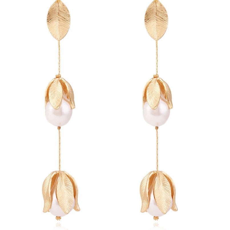 Zvoijio Temperament Long Pearl Flower Earrings Gold Color Leaf Tassel Earrings Wholesale