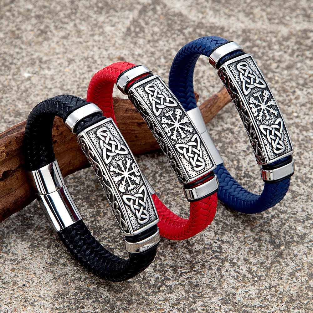 MKENDN Punk Viking Style Stainless Steel Compass Norse Runes Amulet Beads Braided Blue Leather Bracelet Homme Pulseras
