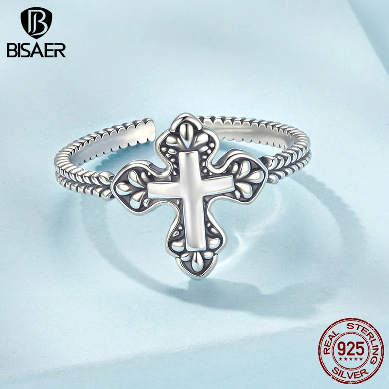 BISAER Real 925 Sterling Silver Cross Open Ring Vintage Faith Band Adjustable Size 5-9 for Women Party Fine Jewelry ECR1127-E