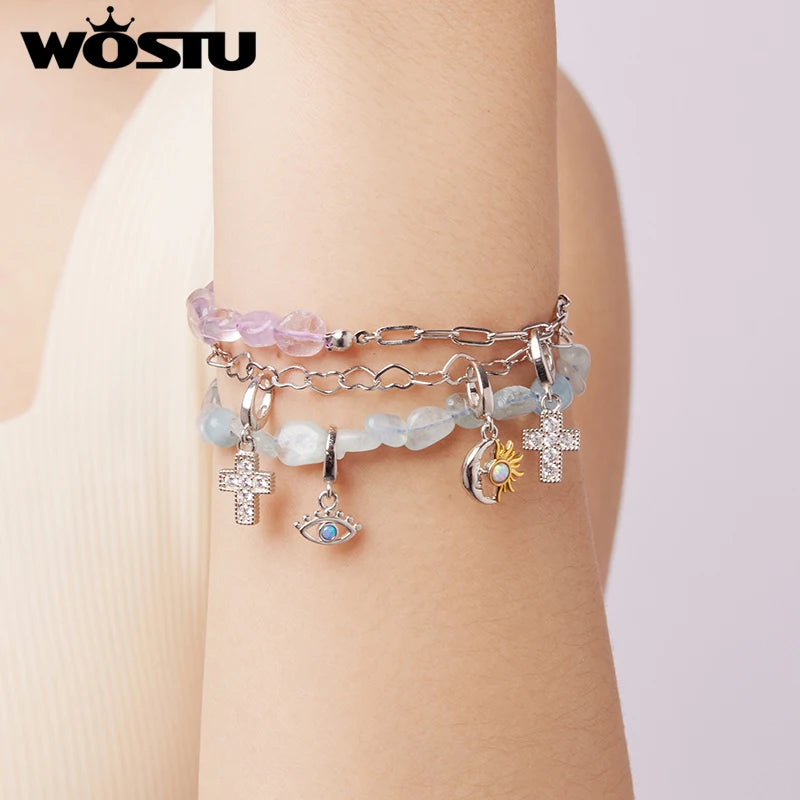 WOSTU 925 Sterling Silver Crystal Bracelet Blue Purple Heart Bangle For Women Wedding Gift Fine Jewelry