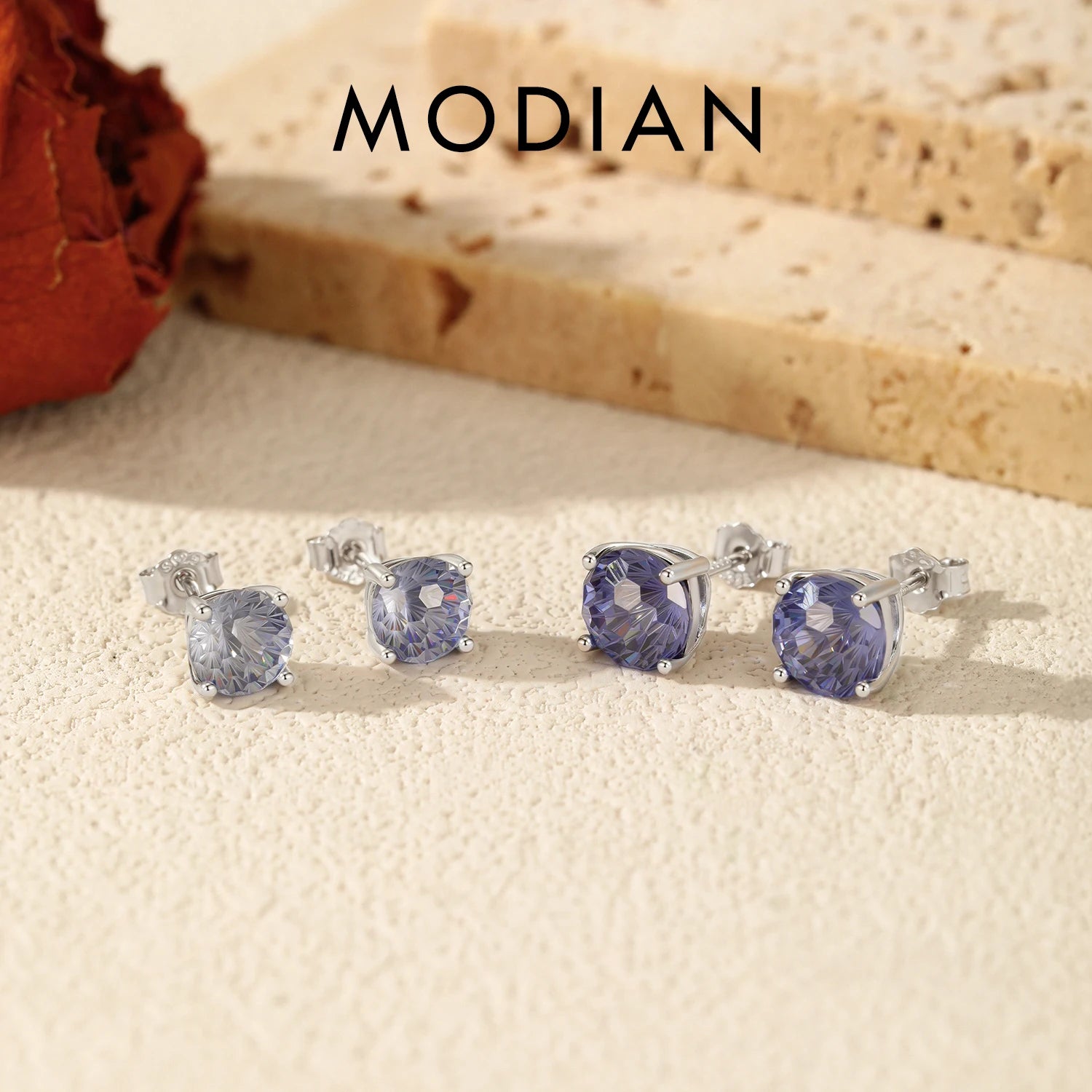 MODIAN 925 Sterling Silver Classic Round Firework Cut Tanzanite Color CZ Unisex Studs Earrings For Women Fine Jewelry