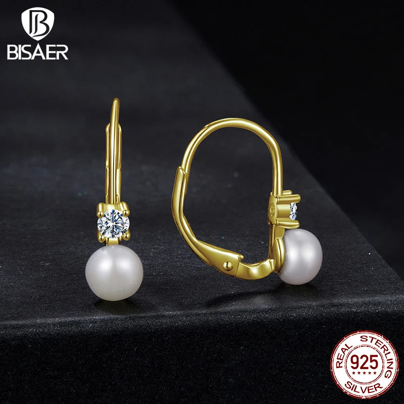 BISAER Moissanite Freshwater Pearl Earrings Soli 925 Sterling Silver for Women Round Cut Lab Diamond Wedding Party Fine Jewelry