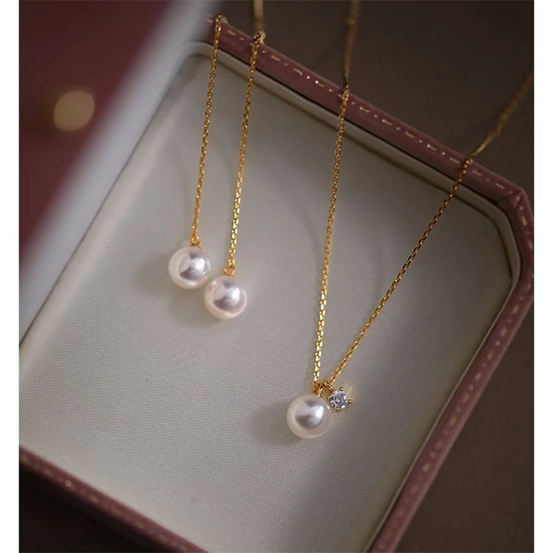 925 Sterling Silver Plating 14K Gold Shell Pearl Zircon Pendant Necklace for Women Simple French Wedding Jewelry Accessorie