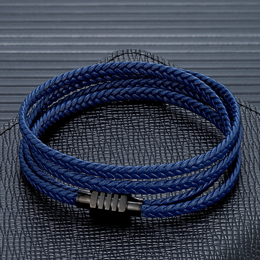 MKENDN Fashion Braided Rope Woven Multilayer Genuine Leather Bracelets Men Punk Black Stainless Steel Bangle Handmade Jewelry - Madeinsea©