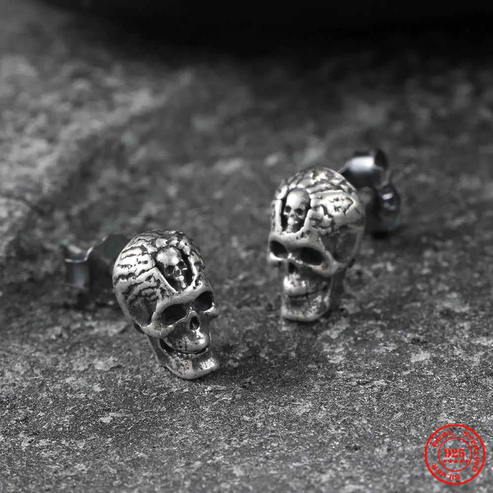 MKENDN Pure 925 Sterling Silver Creative Retro Skull Stud Earring Trendy Street Punk Style for Men Women Europe Fine Jewerly
