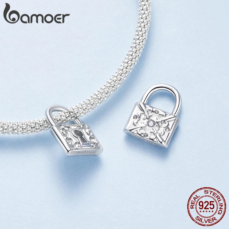 BAMOER Solid 925 Sterling Silver Lock and Key Charm Pendant fit Original Bracelet DIY Jewelry Accessories bamoer Beads
