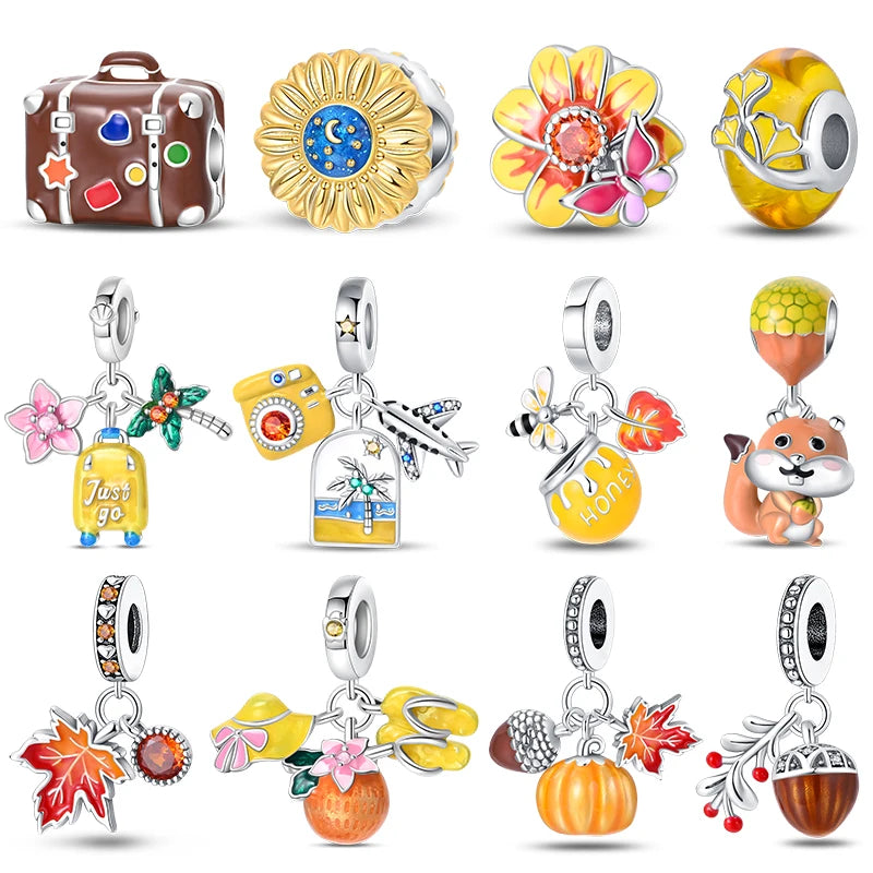 Fashion Autumn 925 Silver-Plated Squirrel Maple Leaf Pumpkin Yellow Charms Beads Fit 3mm 925 Original Bracelets DIY Jewelry
