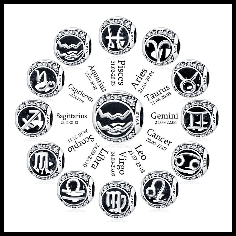 925 Silver Plate 12 Constellation Round Zircon Charms Beads Fit Pan 925 Original Bracelets Fine DIY Birthday Jewelry Gifts