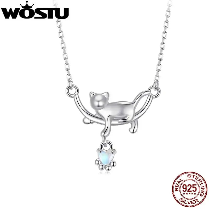 WOSTU 925 Sterling Silver Lovely Cat Necklace for Women Heart Rainbow Moonstone Cats Pet Pendant Necklace Girl Daughter Gift